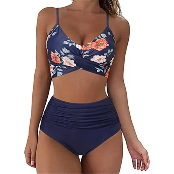 WOMEN Wrap Bikini Set Push Up High Waisted, Vintage Blue Floral